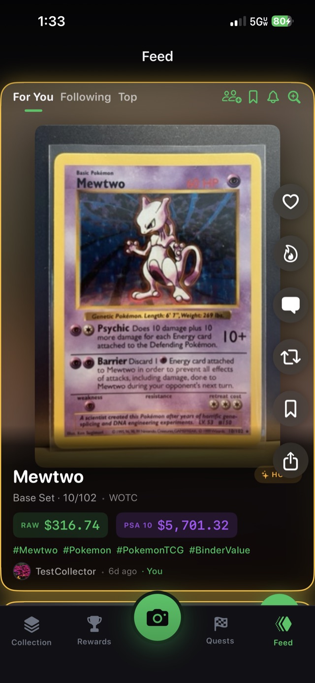 BinderScan collector feed post with raw and PSA 10 value