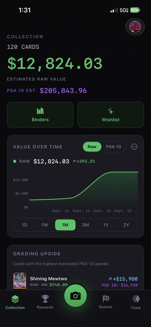 BinderScan collection value-over-time chart with raw and PSA 10 estimate
