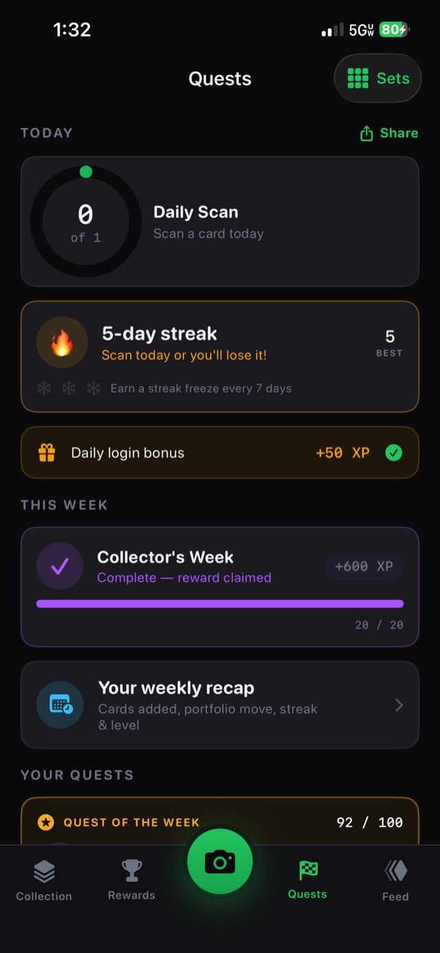 BinderScan daily quests, streak and weekly goals