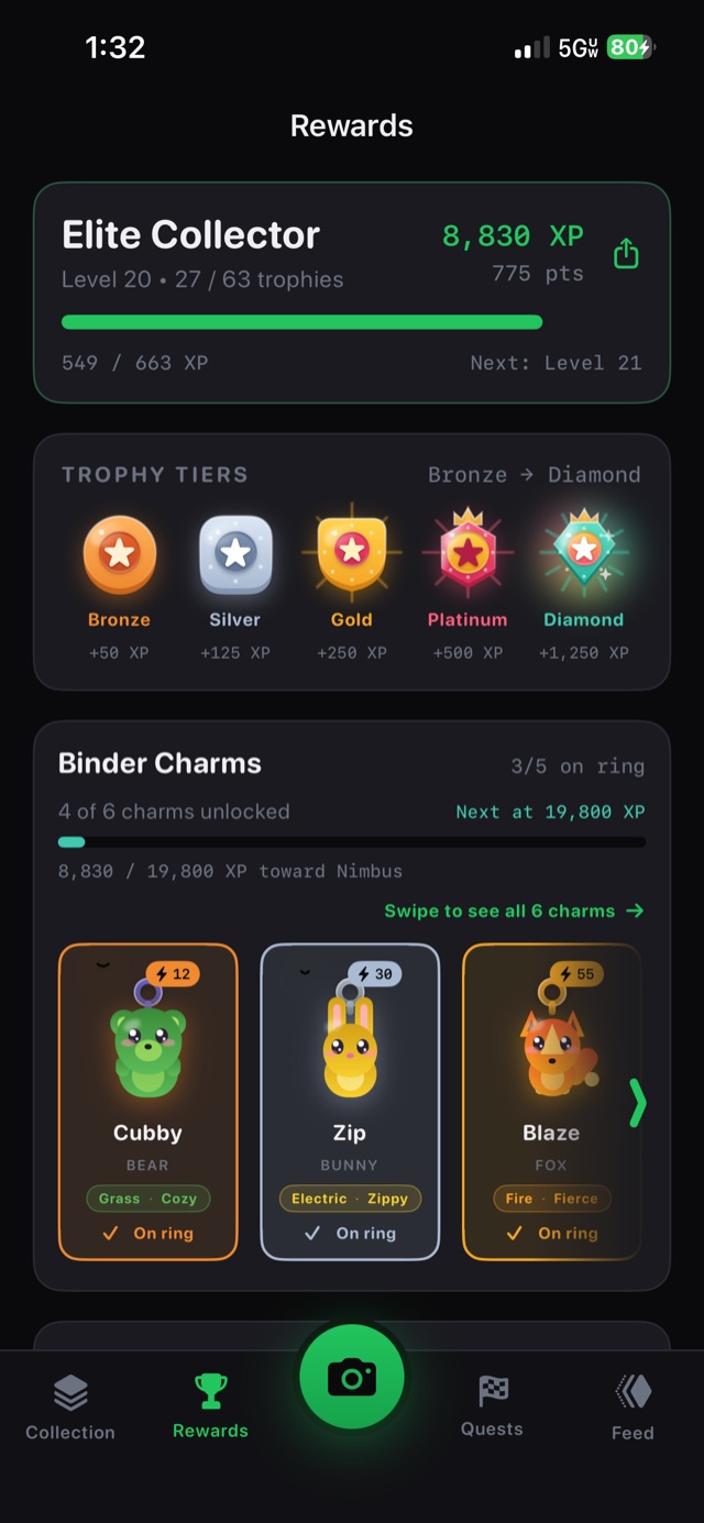 BinderScan trophy tiers and collectible binder charms